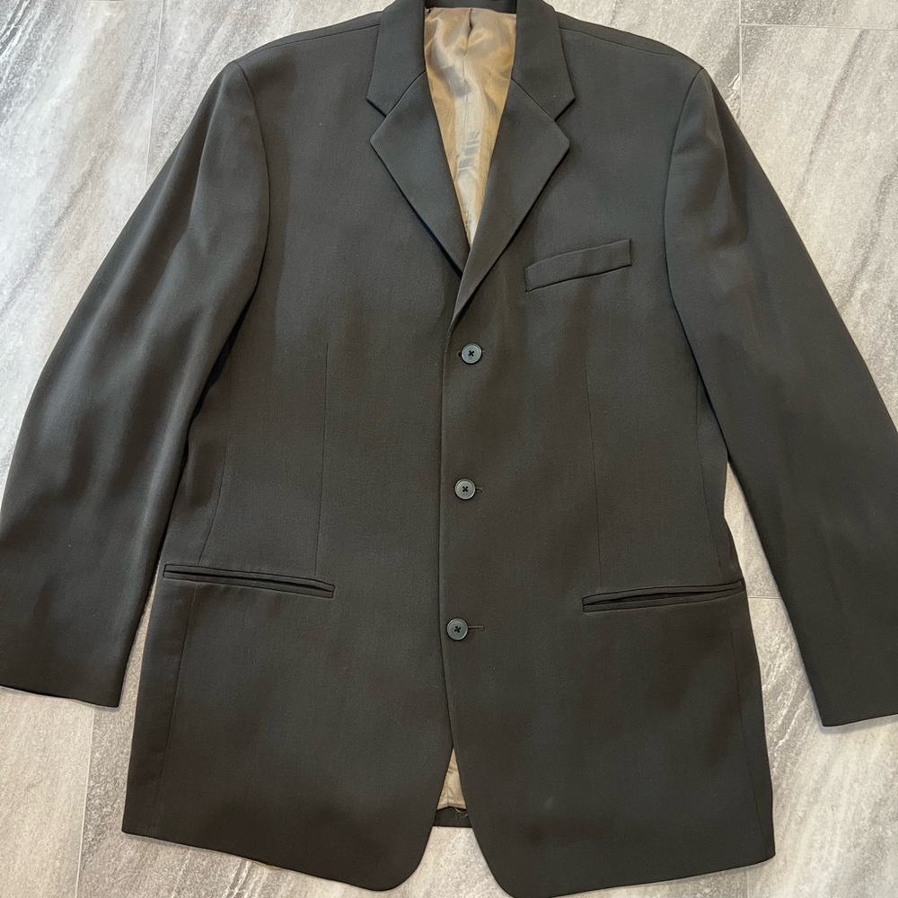 DKNY Mens 100% Wool 42L 2- Piece Blazer Jacket & Pant 34x 32 Suit Green Brown